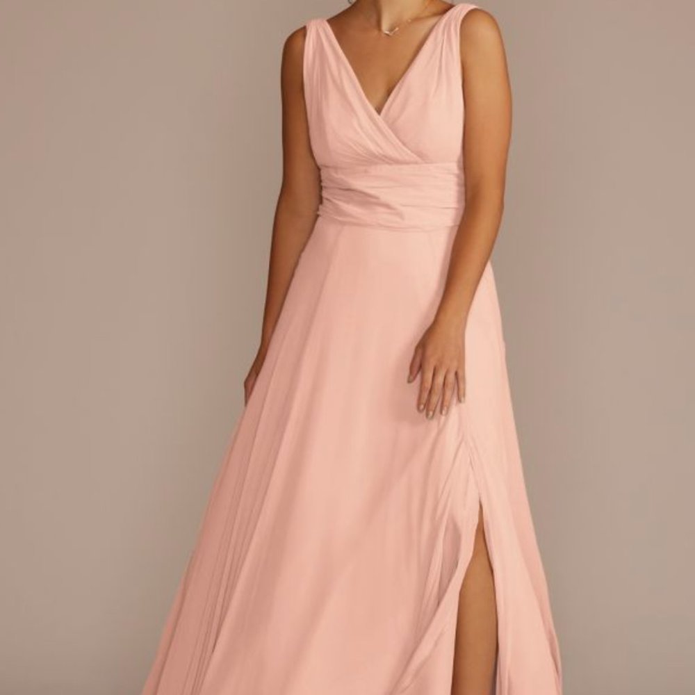 Long Chiffon Surplice Tank Bridesmaid Dress in Petal Pink Size 2